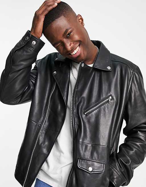 Barneys Originals leather oversized biker jacket in black | ASOS