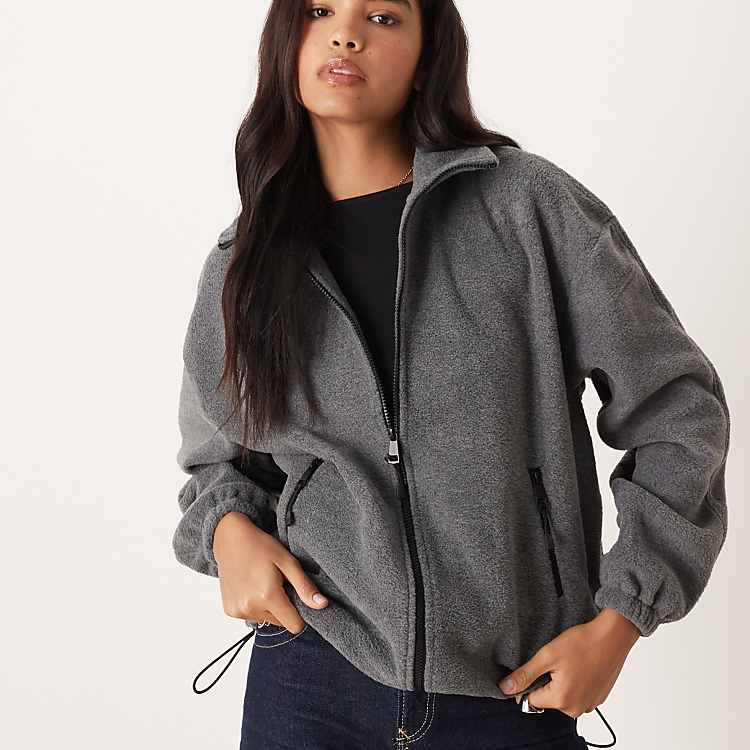 Gina Tricot fleece zip up jacket in dark gray | ASOS