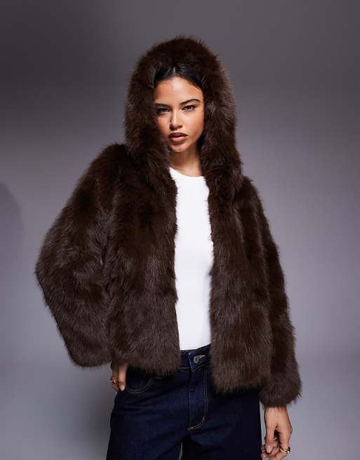 Kiwi & Co Faye faux fur hooded cropped jacket in chocolate | ASOS