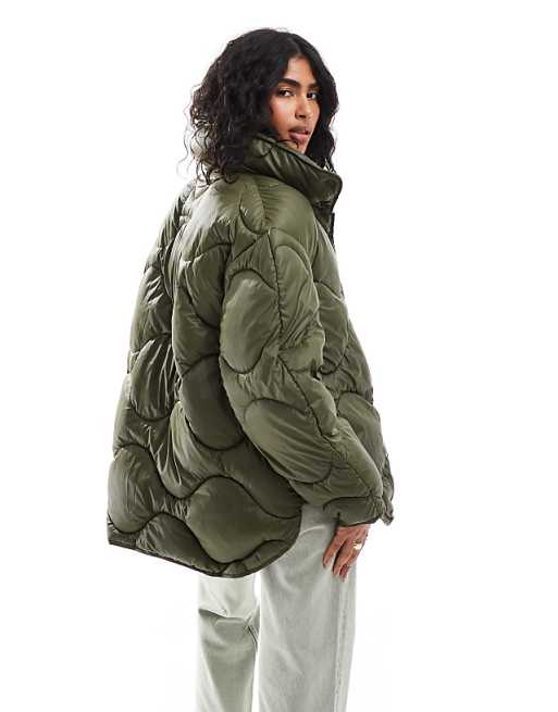 JJXX oversized quilted jacket with high neck in green | ASOS