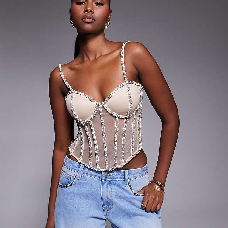 JLUXLABEL rhinestone sheer panel detailing corset top in gold | ASOS