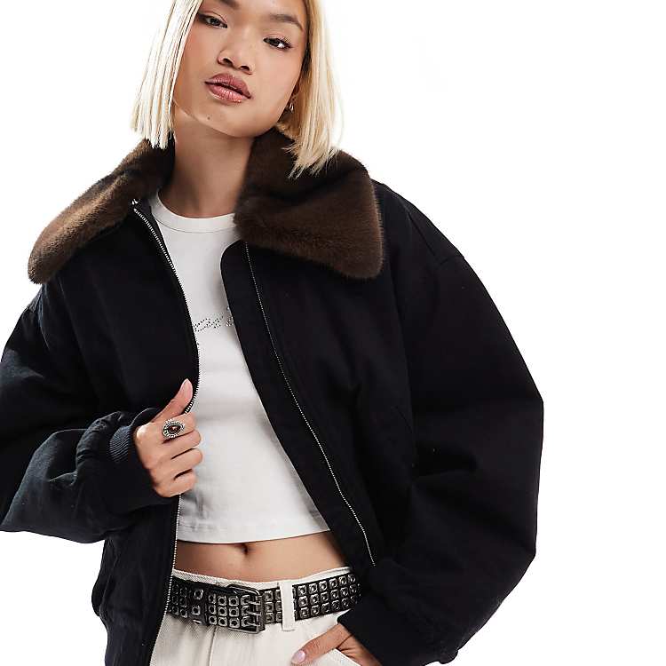 Monki zip front jacket in black with contrast faux fur collar | ASOS
