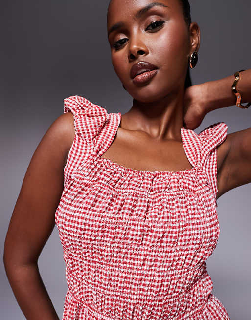 River Island cap sleeve gingham shirred midi dress in red | ASOS