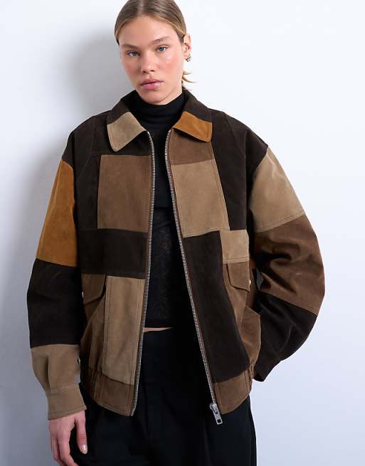 Topshop faux suede patchwork bomber jacket in multi | ASOS