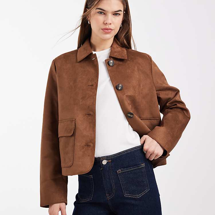 Vero Moda soft stretch faux suede short jacket in cognac | ASOS