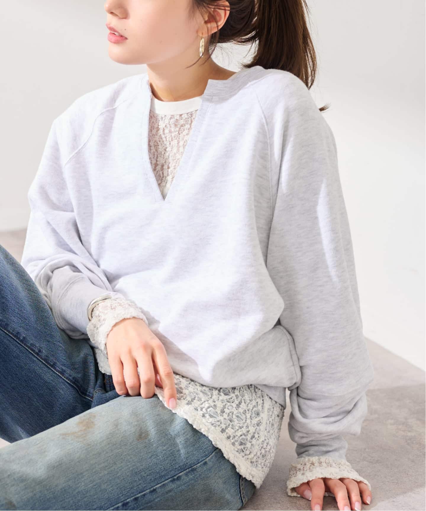 IRONING/アイロニング FLORAL SHIRRED LACE ロングスリーブ（Tシャツ