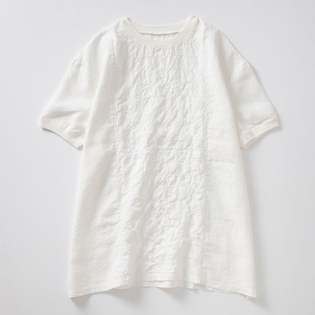 格子と丸紋刺繍の麻布Tシャツチュニック｜工芸・暮らし・贈りもの