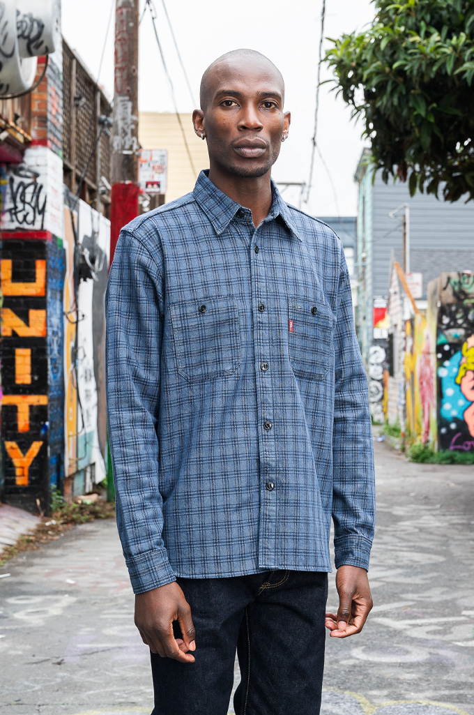 Studio D'Artisan 13oz Jacquard Check Work Shirt - Navy - 5734