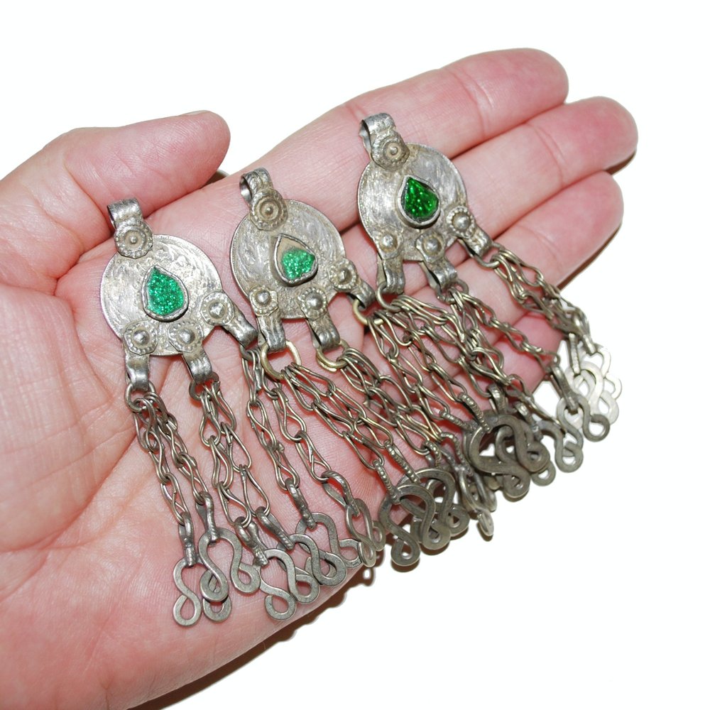 Vintage Kuchi Coin Pendants - Matching Set of 3 with Green Jewels