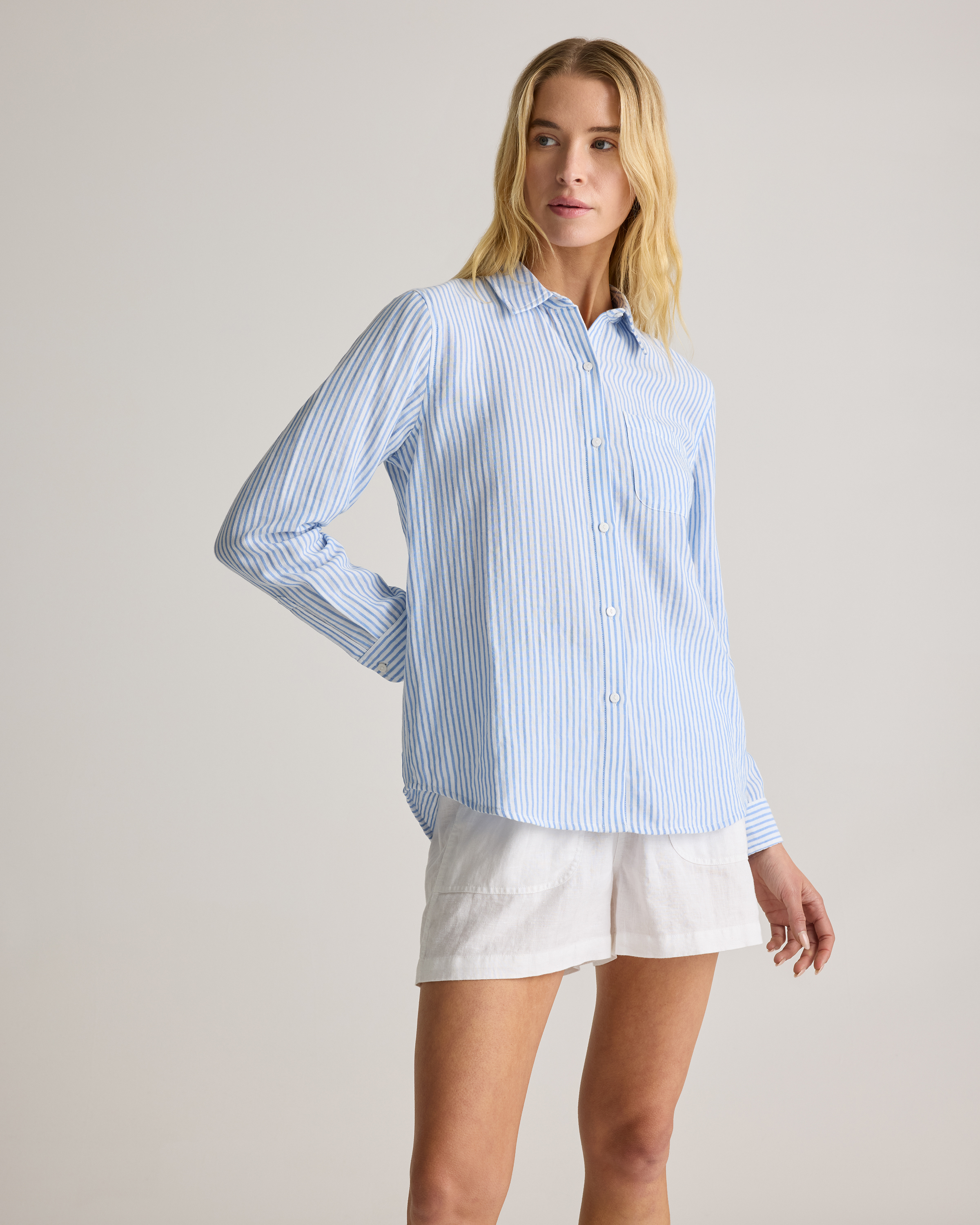 100% Organic Cotton Gauze Long Sleeve Shirt in Bayside Stripe Blue