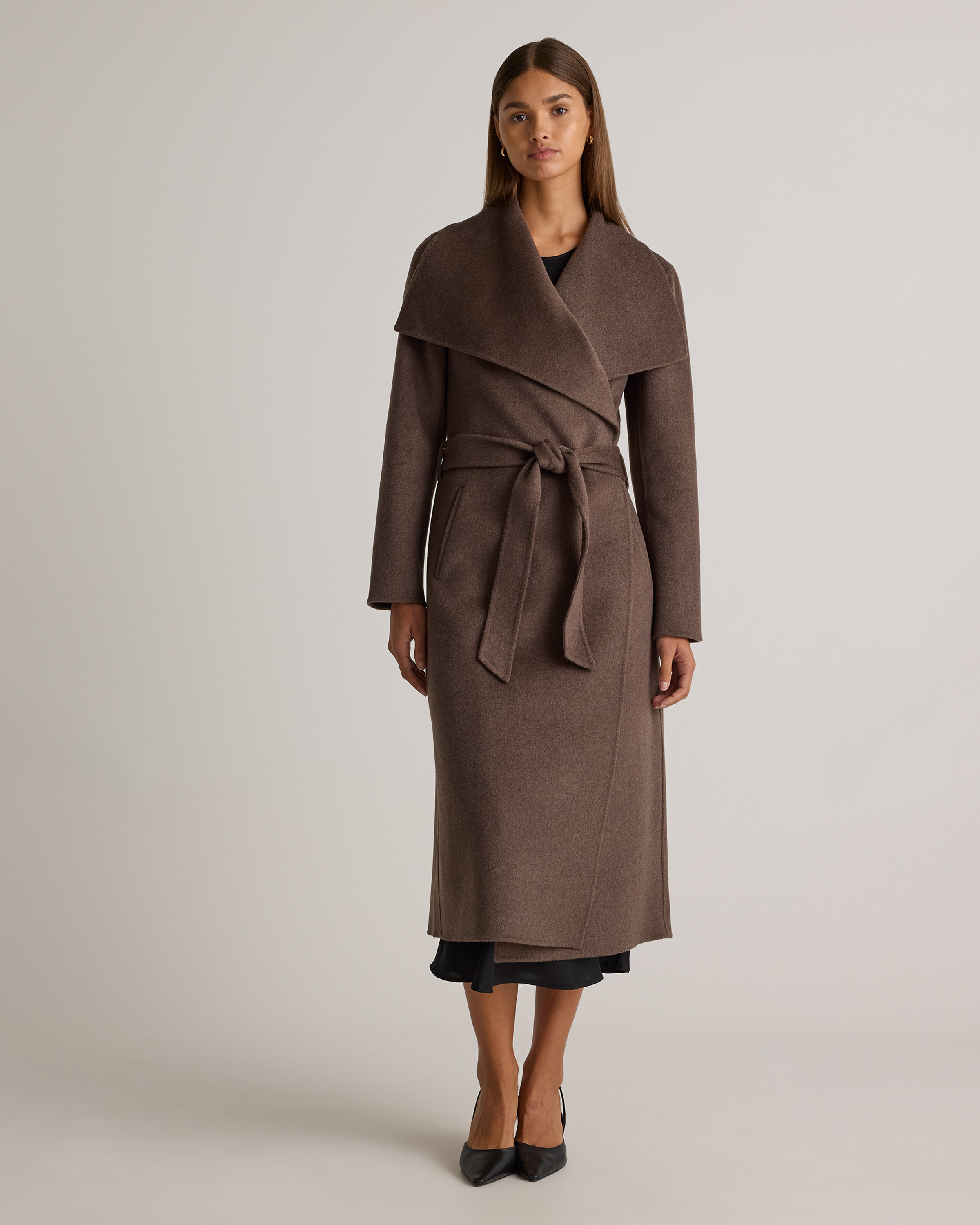 Double-Faced Merino Wool Draped Collar Wrap Coat in Cocoa Melange