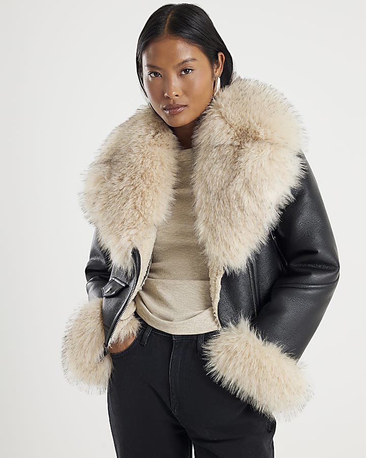 Petite Black Faux Fur Faux Leather Jacket | River Island