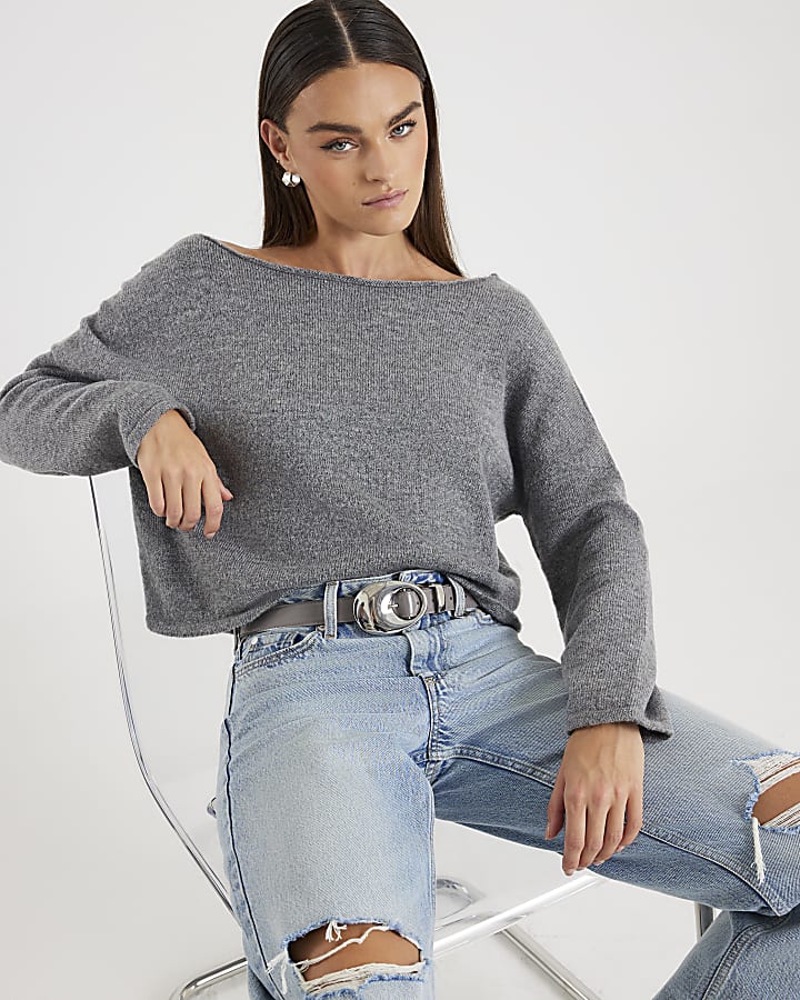 Grey Knitted Off The Shoulder Jumper | River Island
