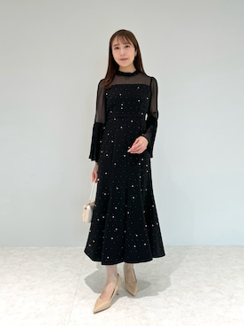 LEJA】パールビジュー付き透け感プリーツフレアスリーブビーズ