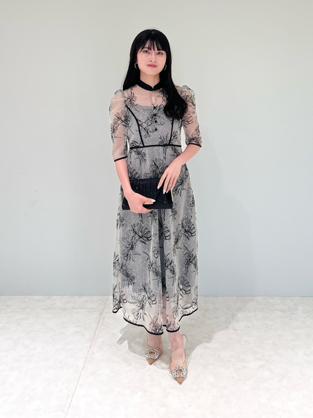 LEJA】配色パイピングプチハイネック花柄刺繍ラメレースロング丈ドレス