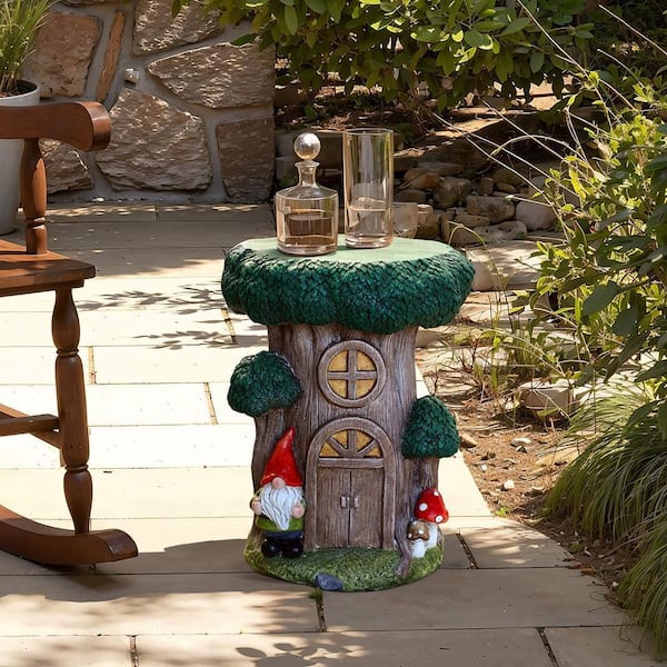 LuxenHome 12.6 in. Round Resin Indoor and Outdoor Gnome Tree Stump
