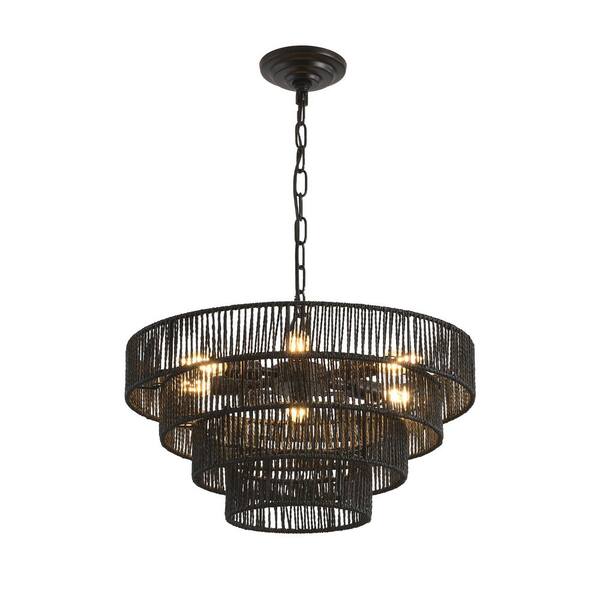 aiwen 23.62 in. 1-Light Farmhouse Black Coastal Woven Chandelier