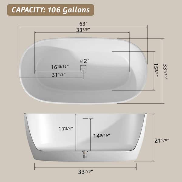 Getpro 63 in. x 33 in. Solid Surface Soaking Bathtub with Center