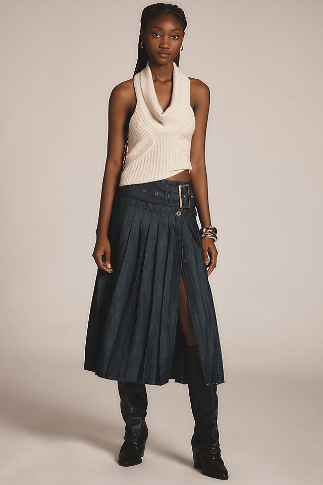 Pilcro Low-Slung Pleated Midi Skirt | Anthropologie