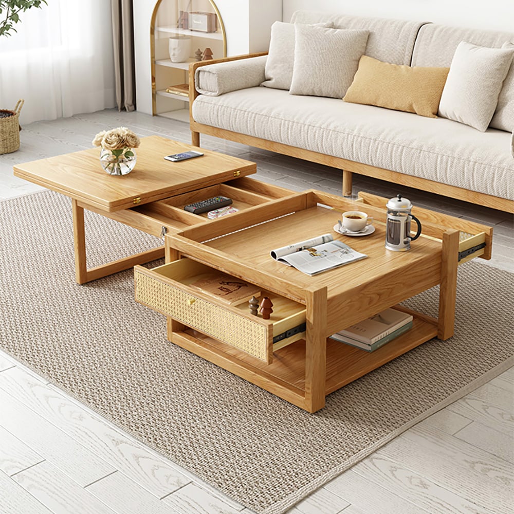 Ash Wood Coffee Table, Natural Japandi Convertible Table for