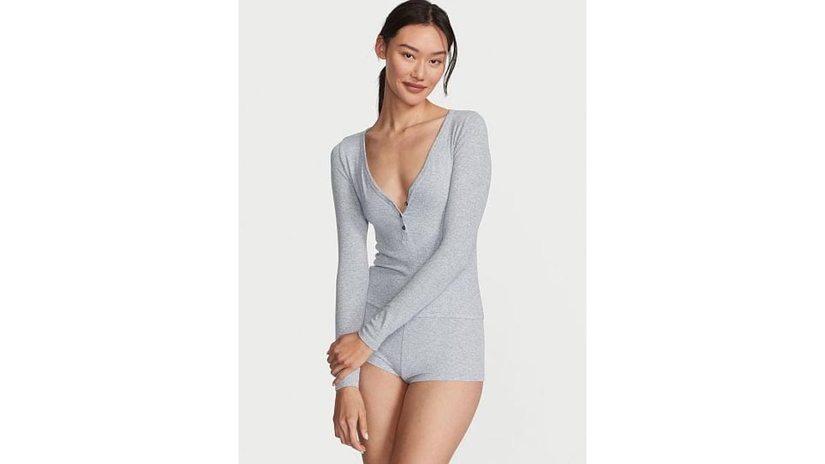 Victoria's Secret Heather Gray Ribbed Modal Henley Short Set (XXL