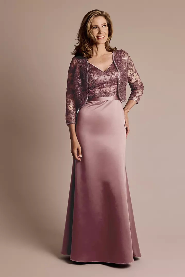 Sequin Embroidered Satin A-Line Jacket Dress | David's Bridal
