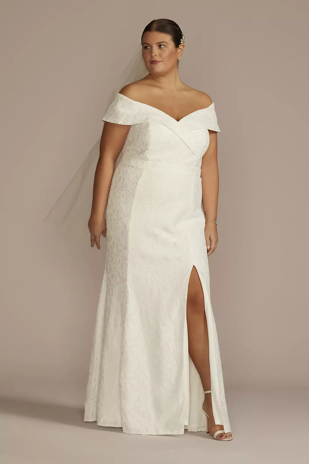 Cuffed Off-the-Shoulder Lace Sheath Gown with Slit | David's Bridal