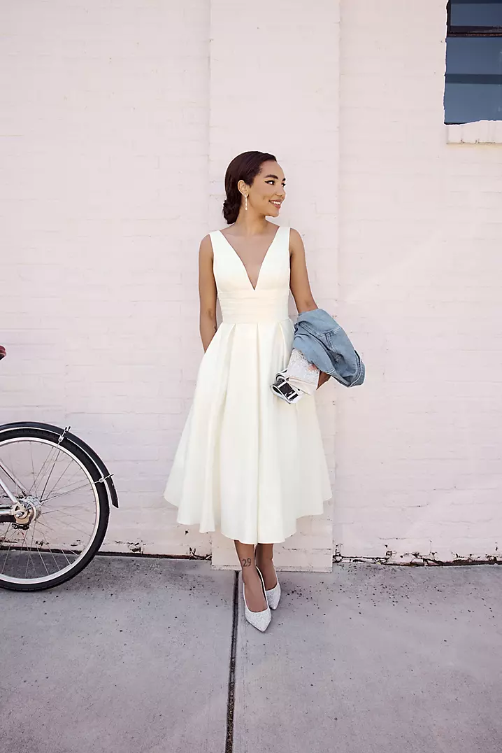 Satin V-Neck Tea Length A-Line Dress | David's Bridal
