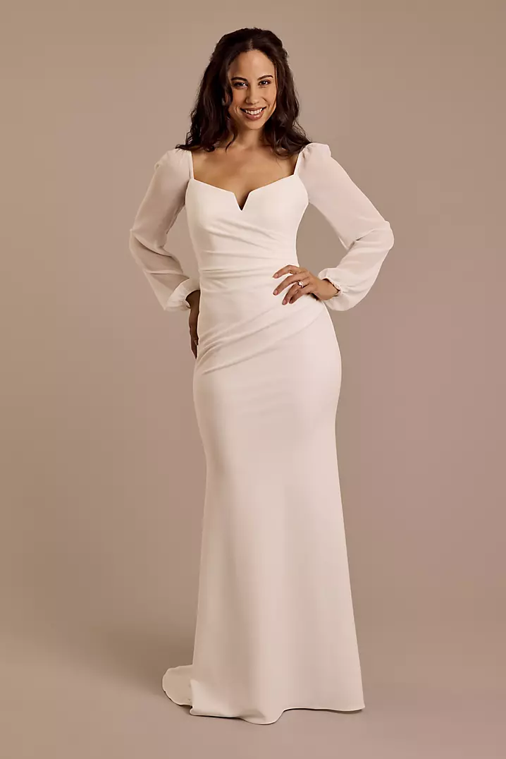 Long-Sleeve Stretch Crepe Sheath Dress | David's Bridal