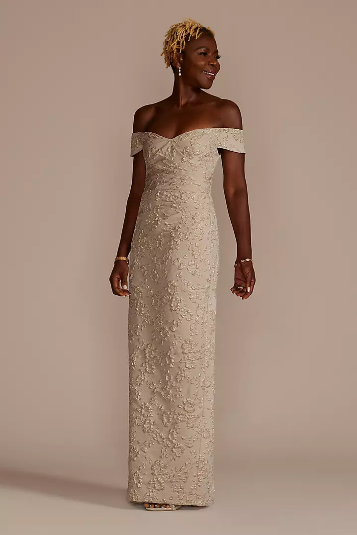 Off-the-Shoulder Stretch Metallic Jacquard Dress | David's Bridal