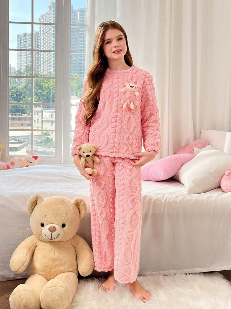 SHEIN 2着セット ティーン女子 秋冬 かわいいクマぬいぐるみ付き