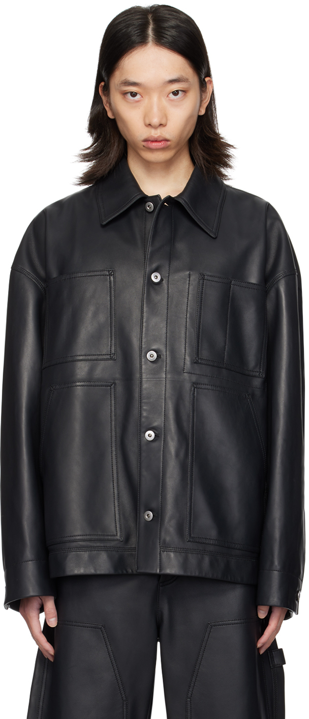 Bottega Veneta: ブラック スプレッドカラー レザージャケット