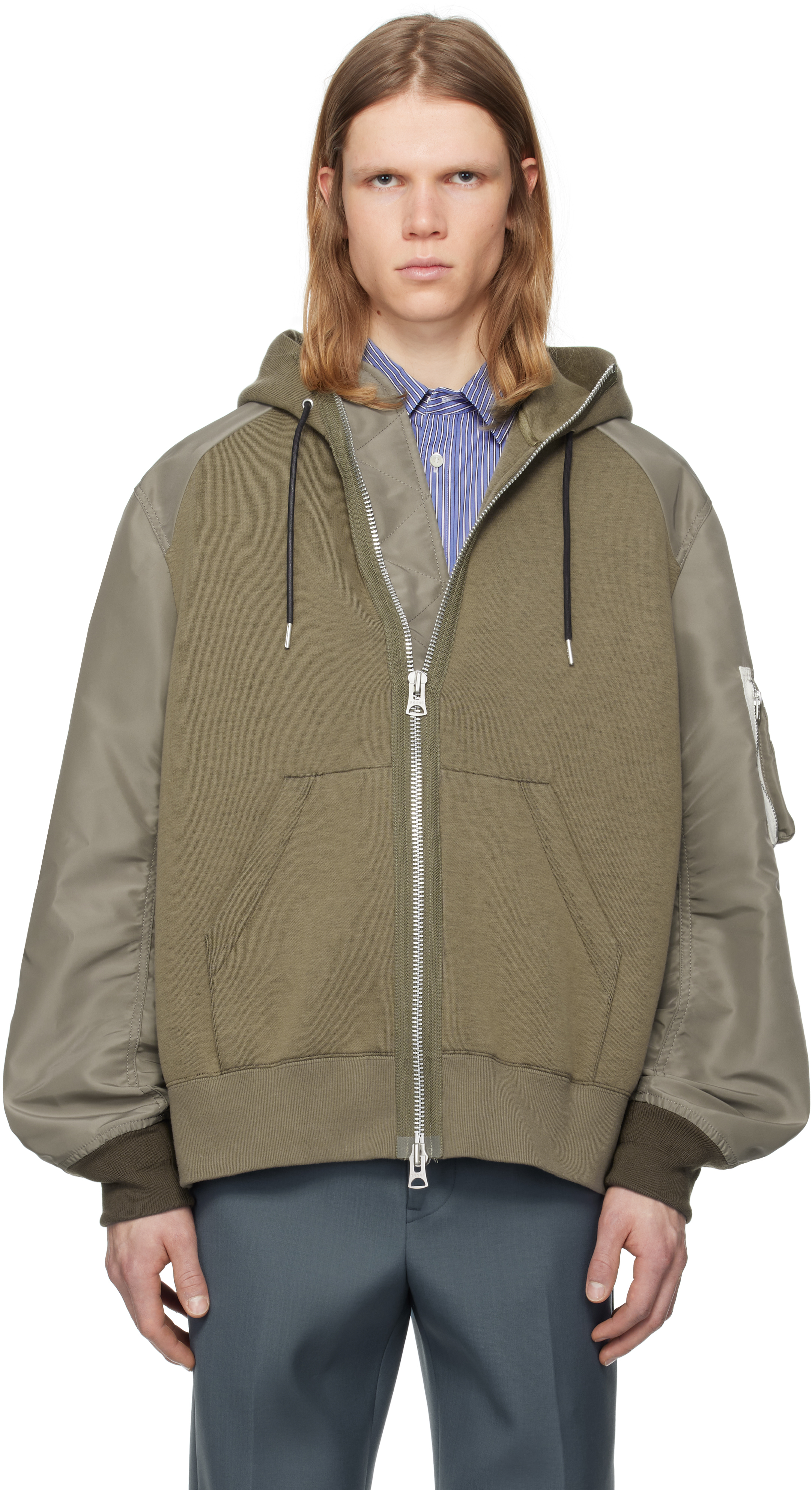 sacai: Taupe Sponge Sweat x Nylon Twill Hoodie | SSENSE