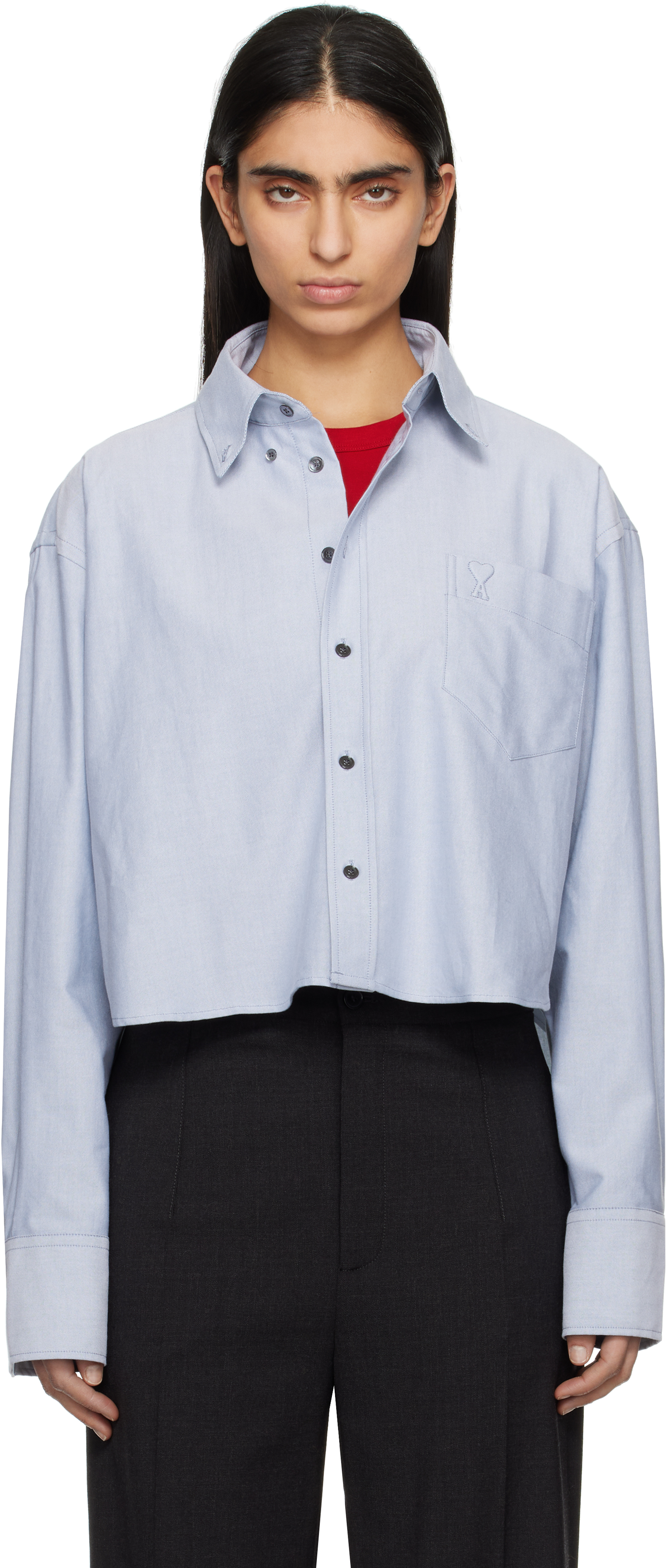 Blue Cotton Button-Down Cropped Oversized Shirt by AMI Paris on Sale