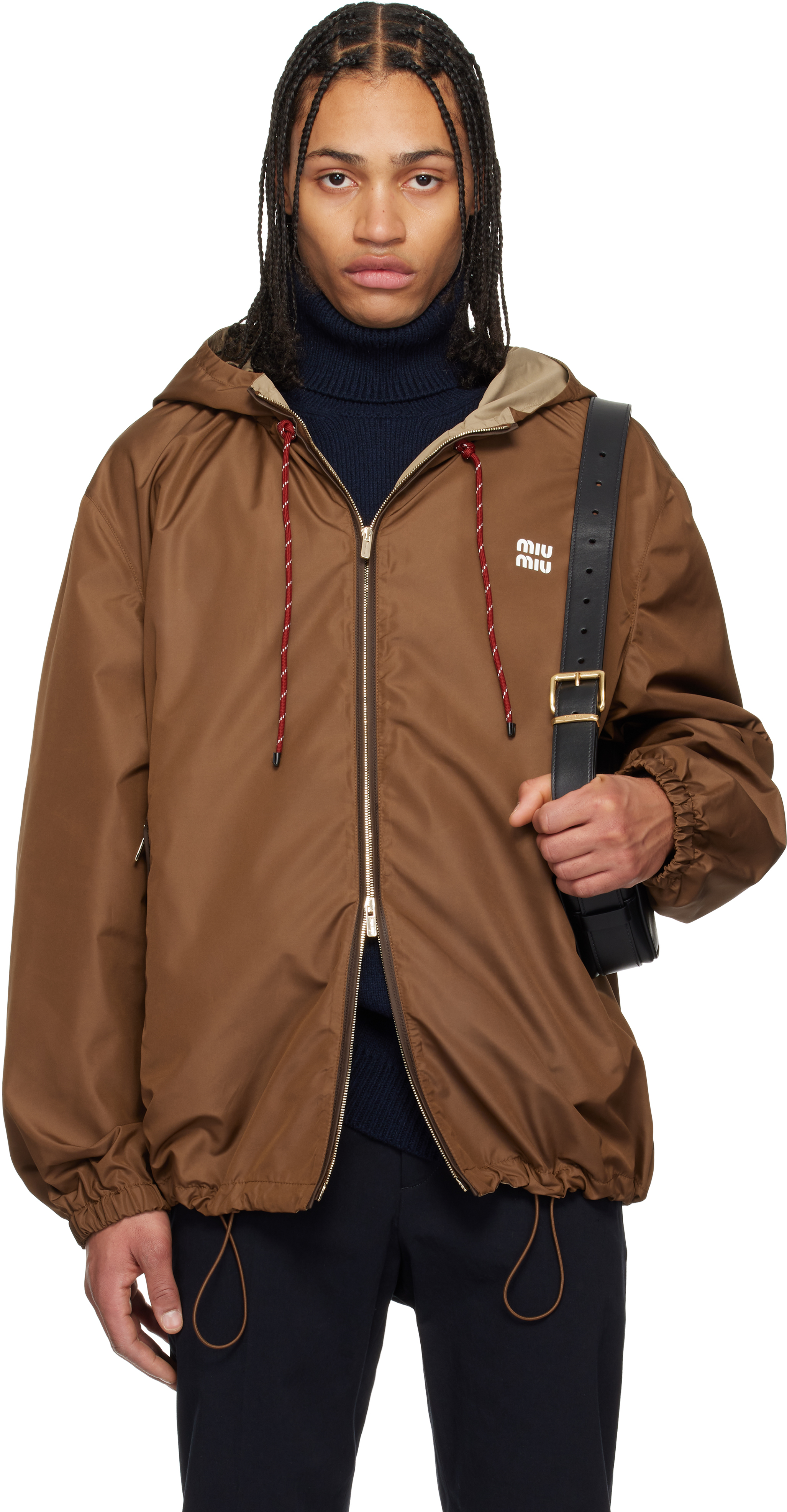 Miu Miu: Brown Technical Fabric Hoodie Jacket | SSENSE Canada