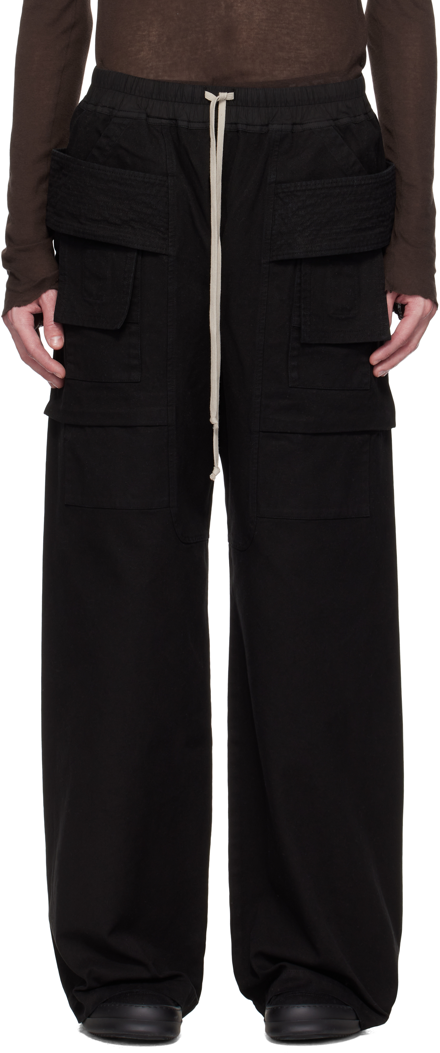 Black Hollywood Creatch Wide Drawstring Cargo Pants by Rick Owens