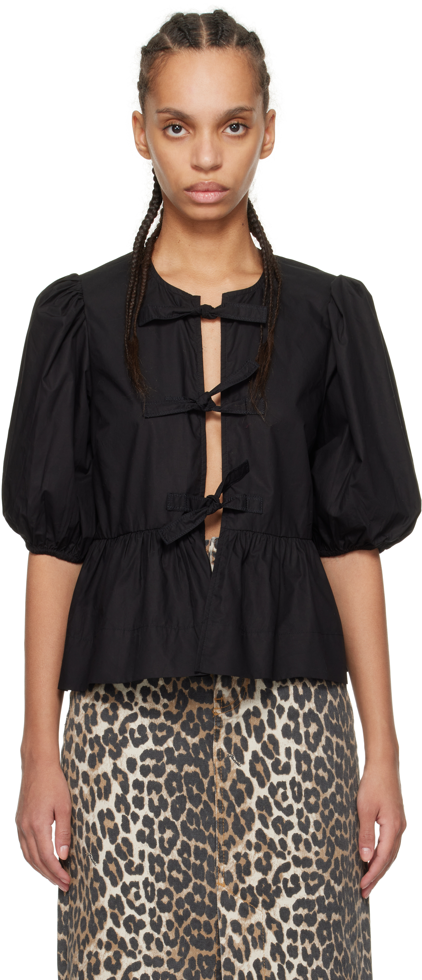 Black Cotton Poplin Peplum Tie Blouse by GANNI on Sale