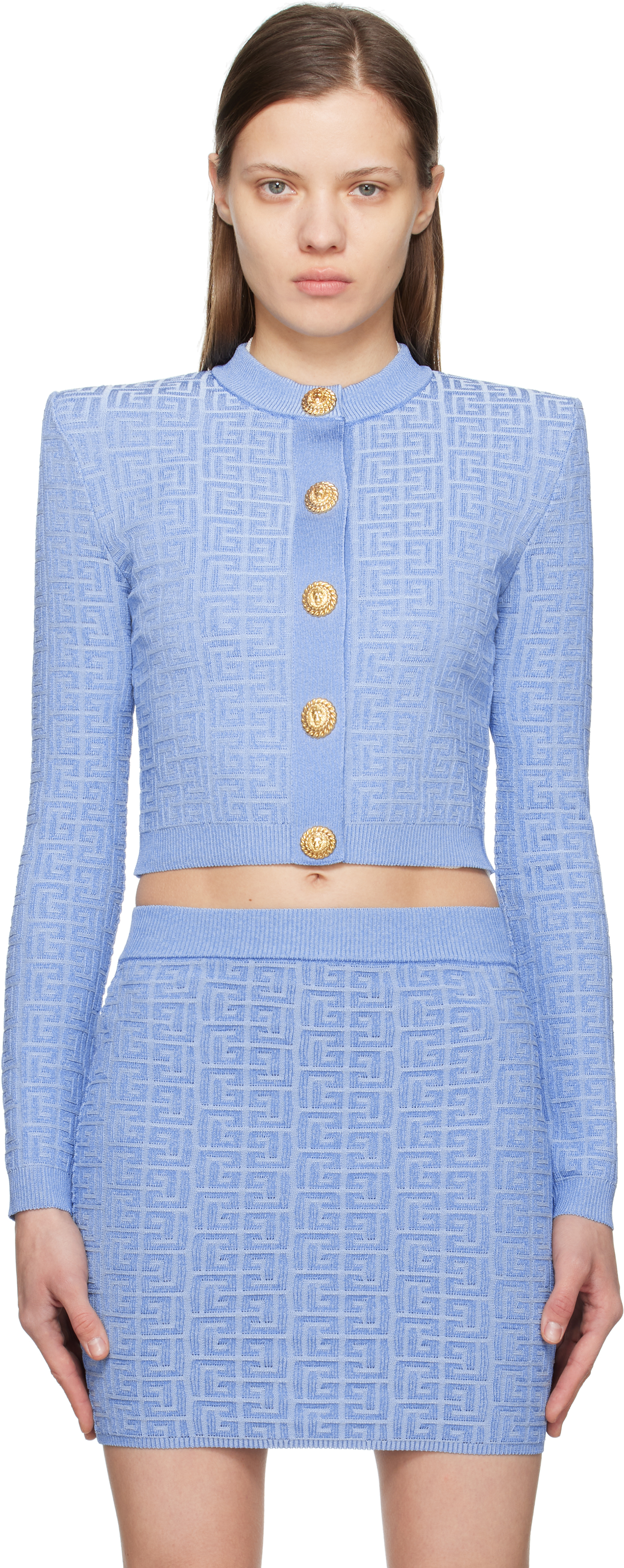 BALMAIN: Blue PB Labyrinth Knit Cardigan | SSENSE