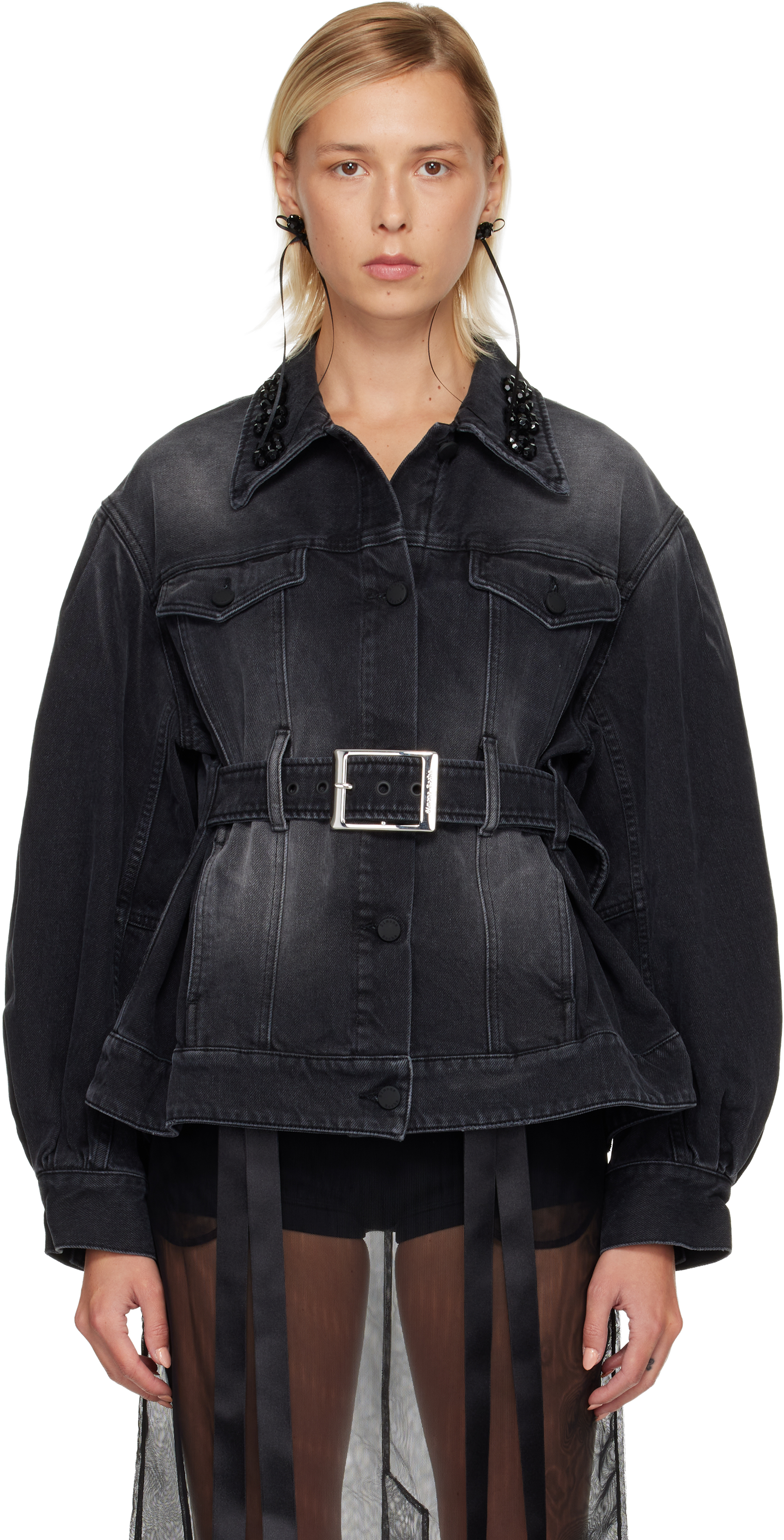 Black Embellished Sculpted Belt Detail Denim Jacket by Simone
