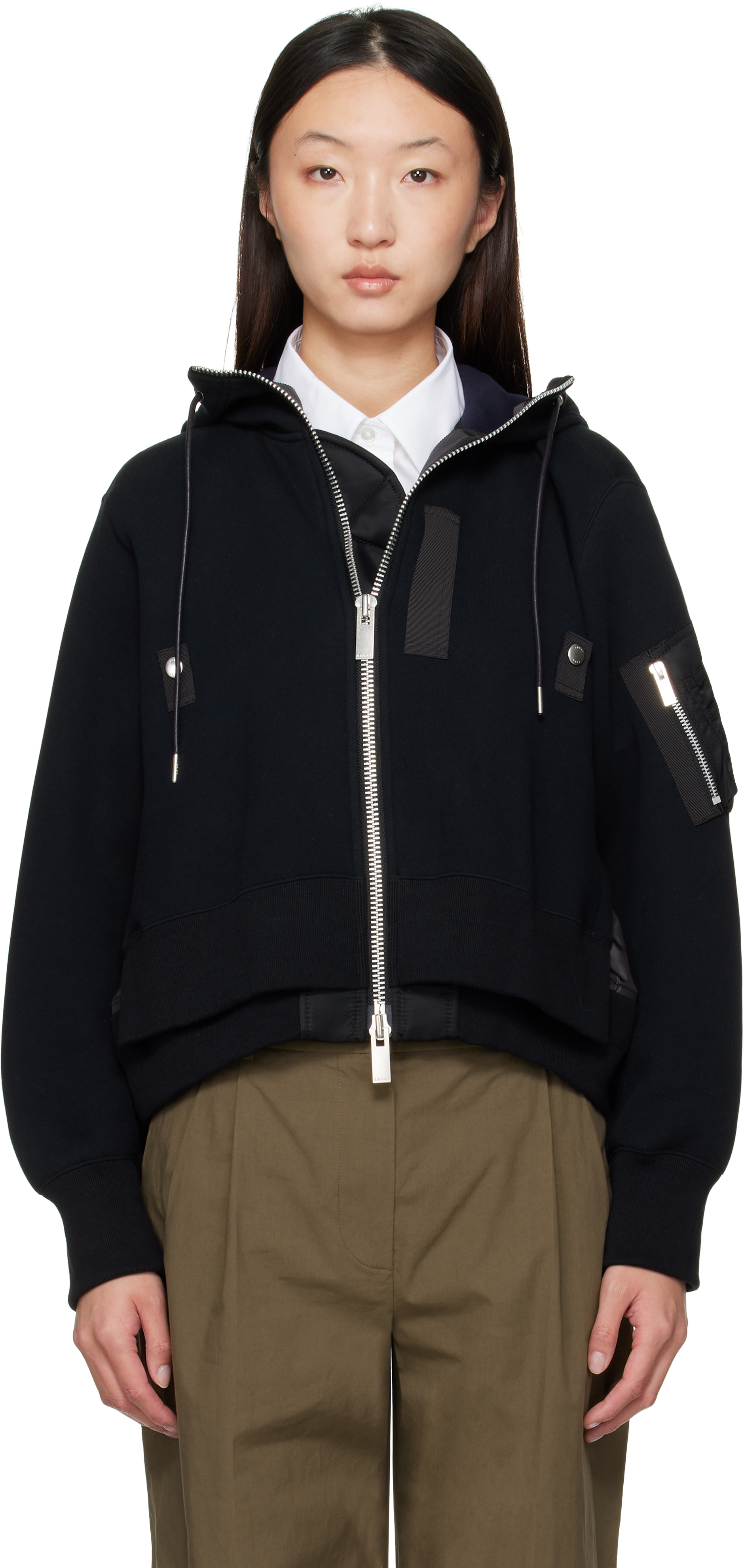 sacai: Black Sponge Sweat x Nylon Twill Hoodie | SSENSE