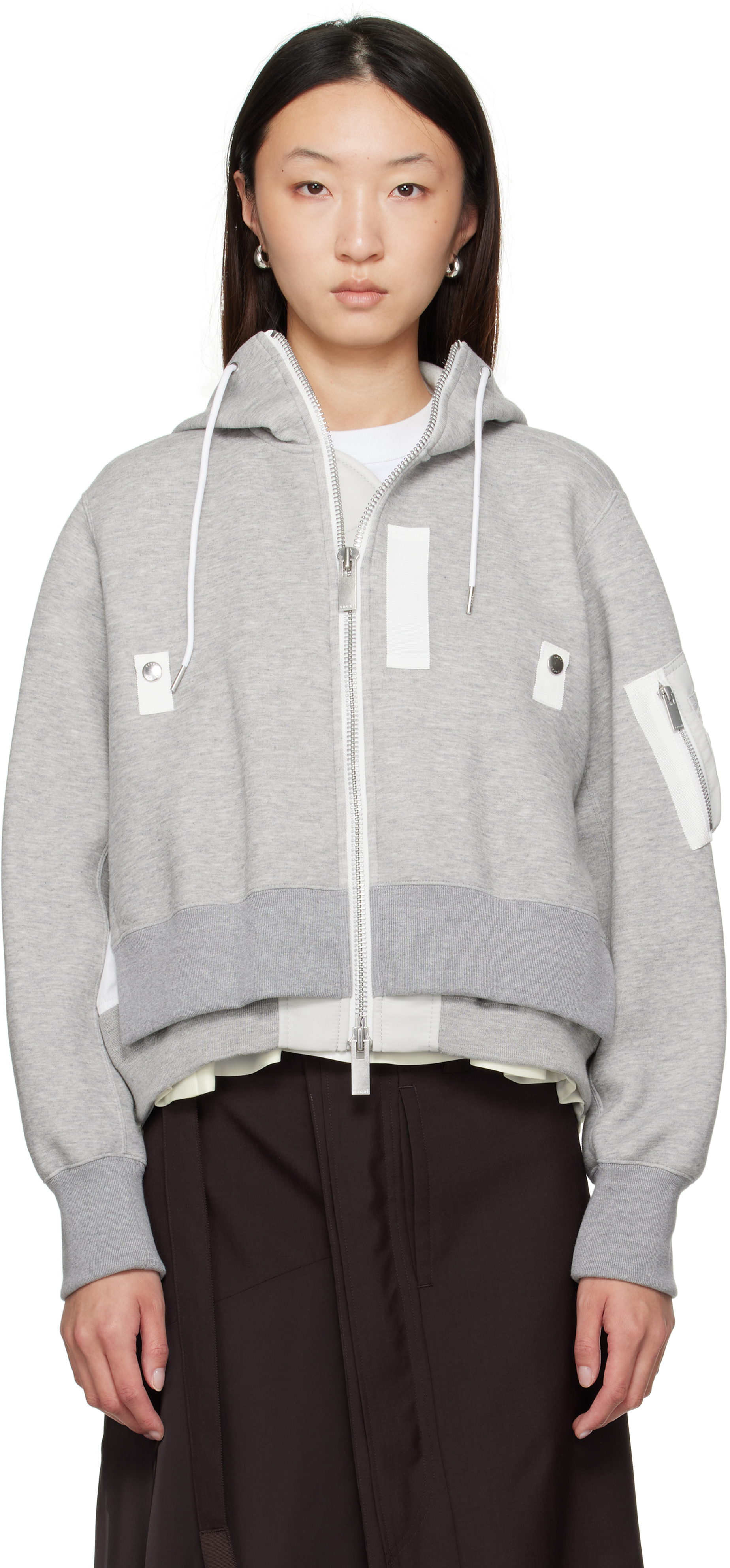 sacai: Gray Sponge Sweat x Nylon Twill Hoodie | SSENSE Canada