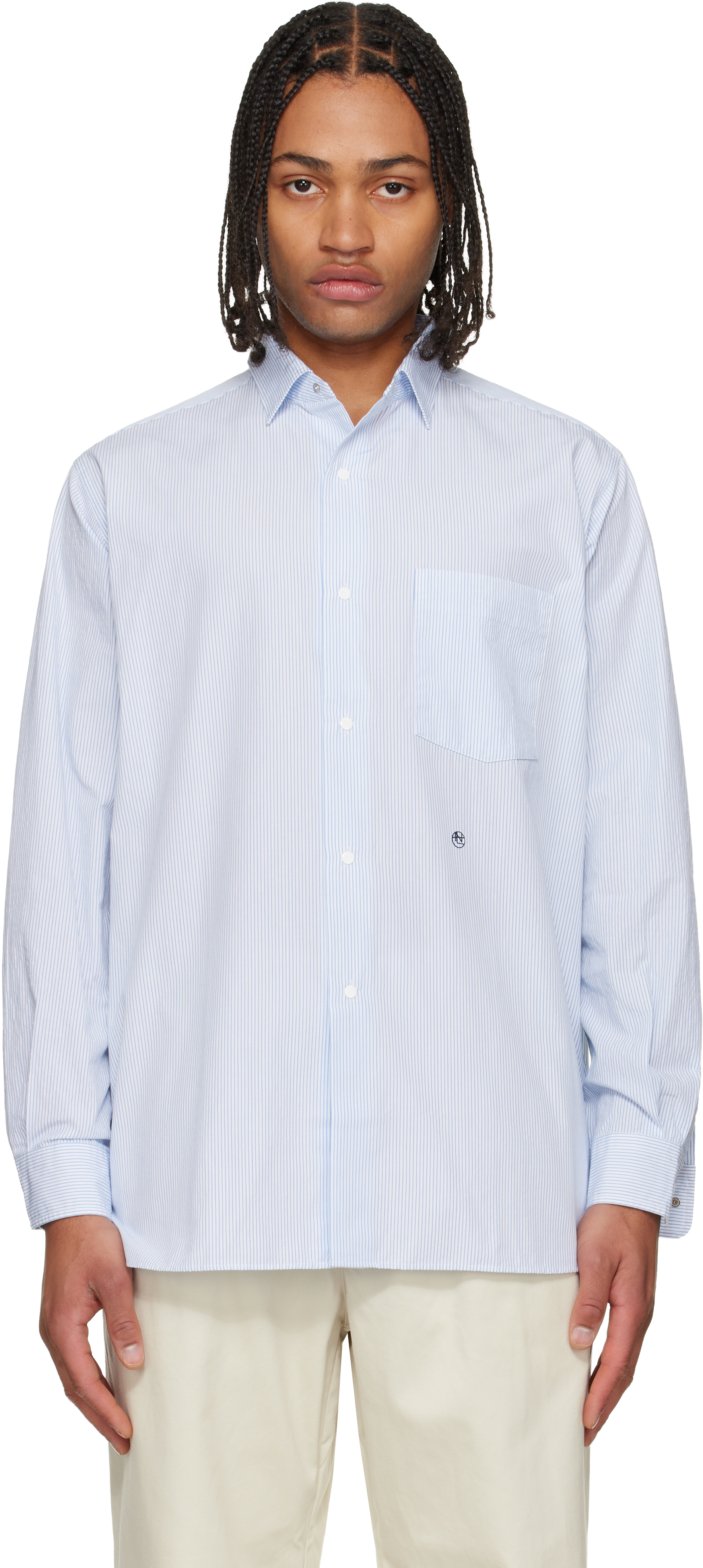 Blue & White Regular Collar Stripe Wind Shirt by nanamica on Sale