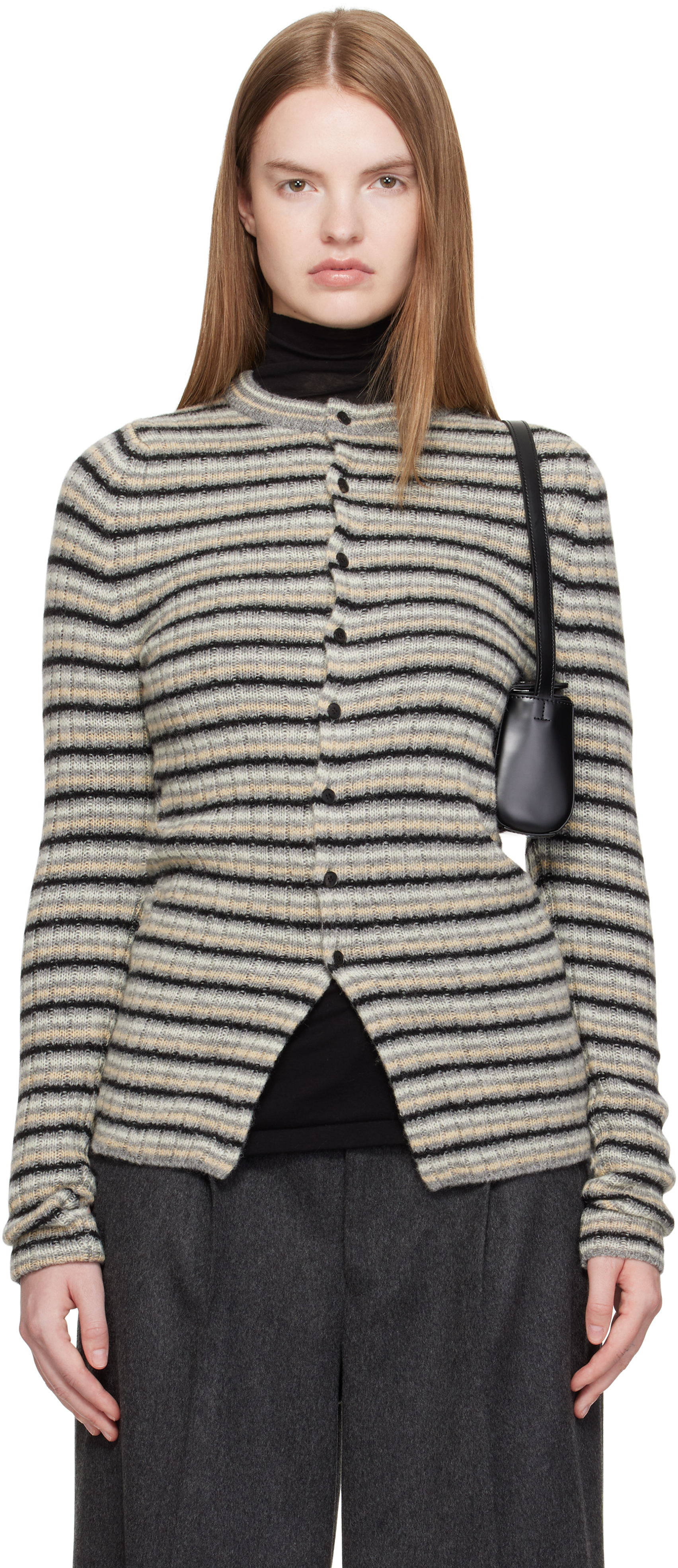 Gray Shetland Wool Cashmere Rib Knit Crew-Neck Cardigan by AURALEE