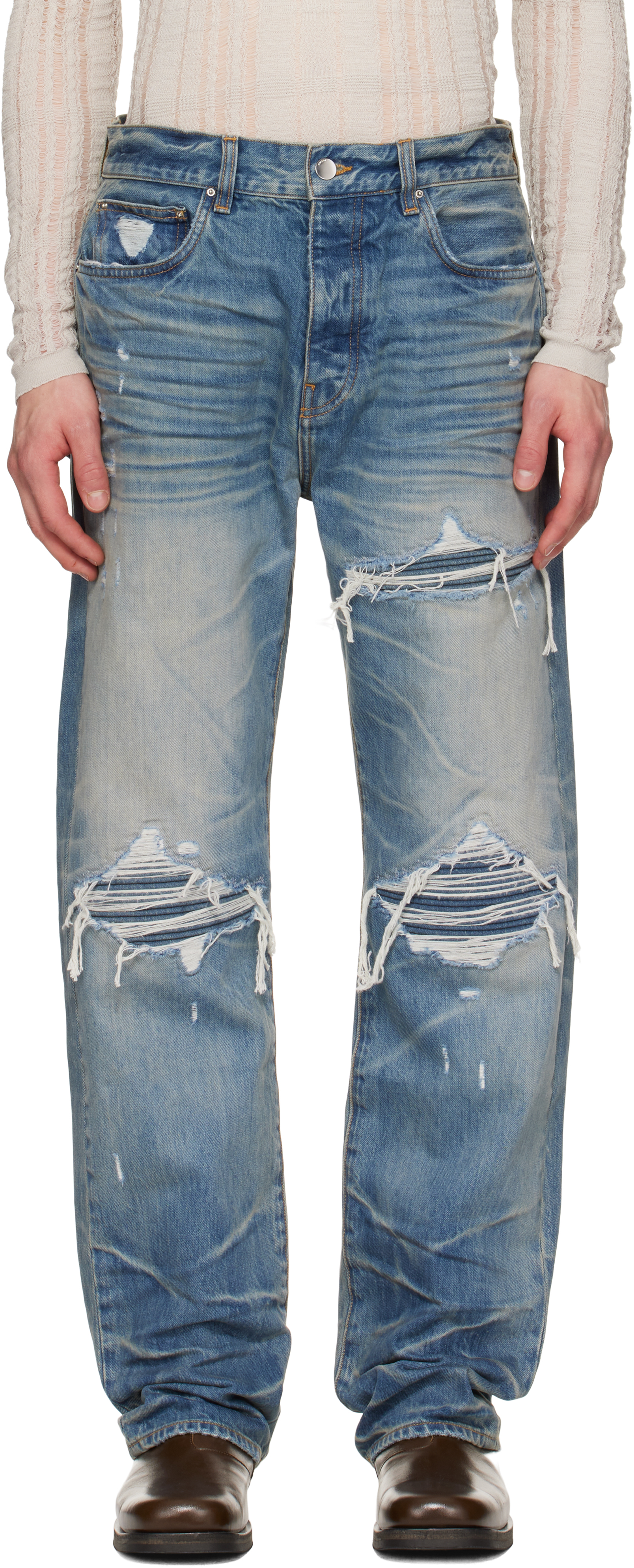 Blue Pleated Denim Straight MX1 Jeans by AMIRI on Sale