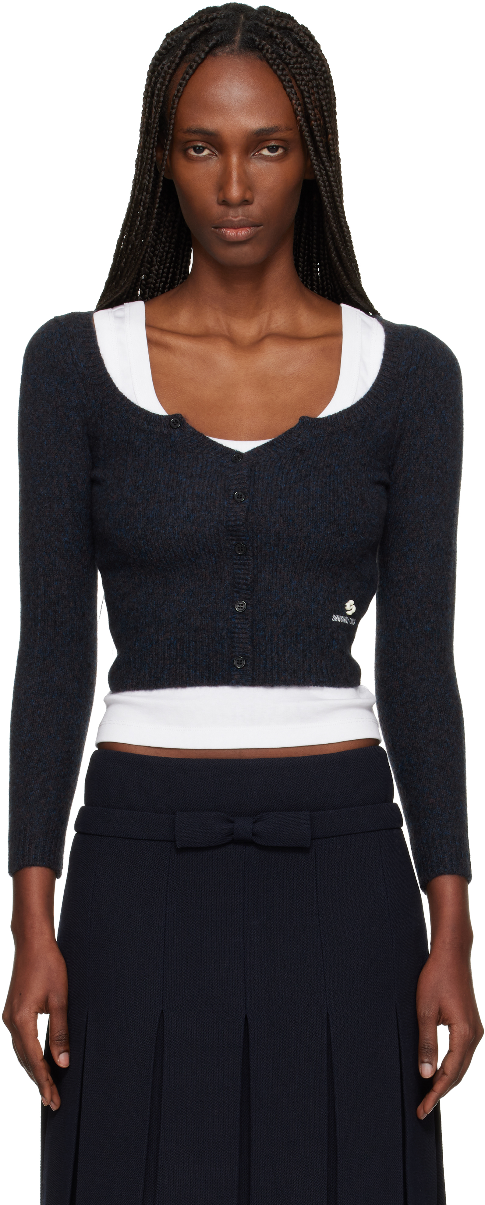 Navy Wide Round Neck Fitted Cardigan by SHUSHU/TONG on Sale