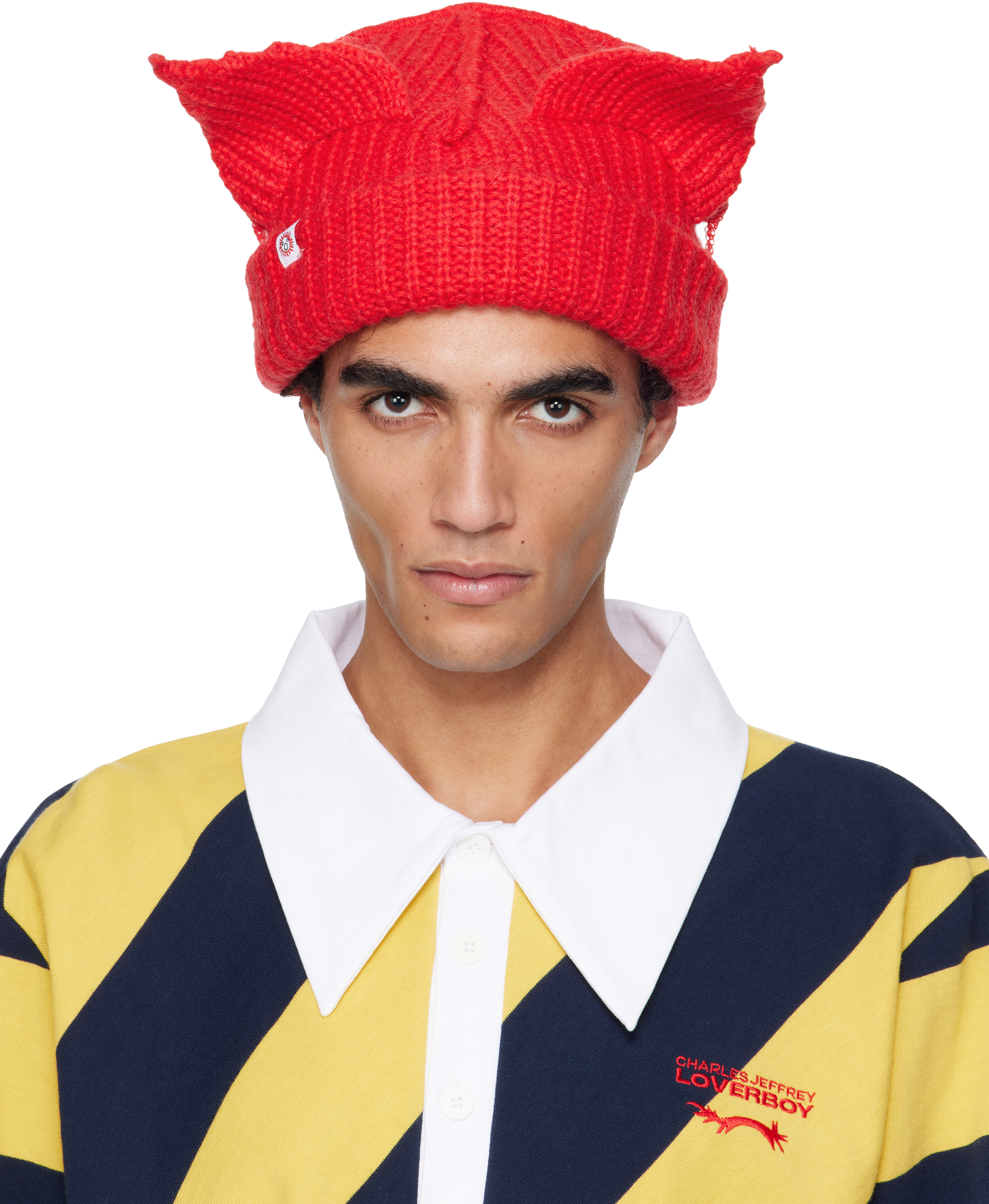 Red Mohair Chunky Ears Beanie by Charles Jeffrey LOVERBOY on Sale