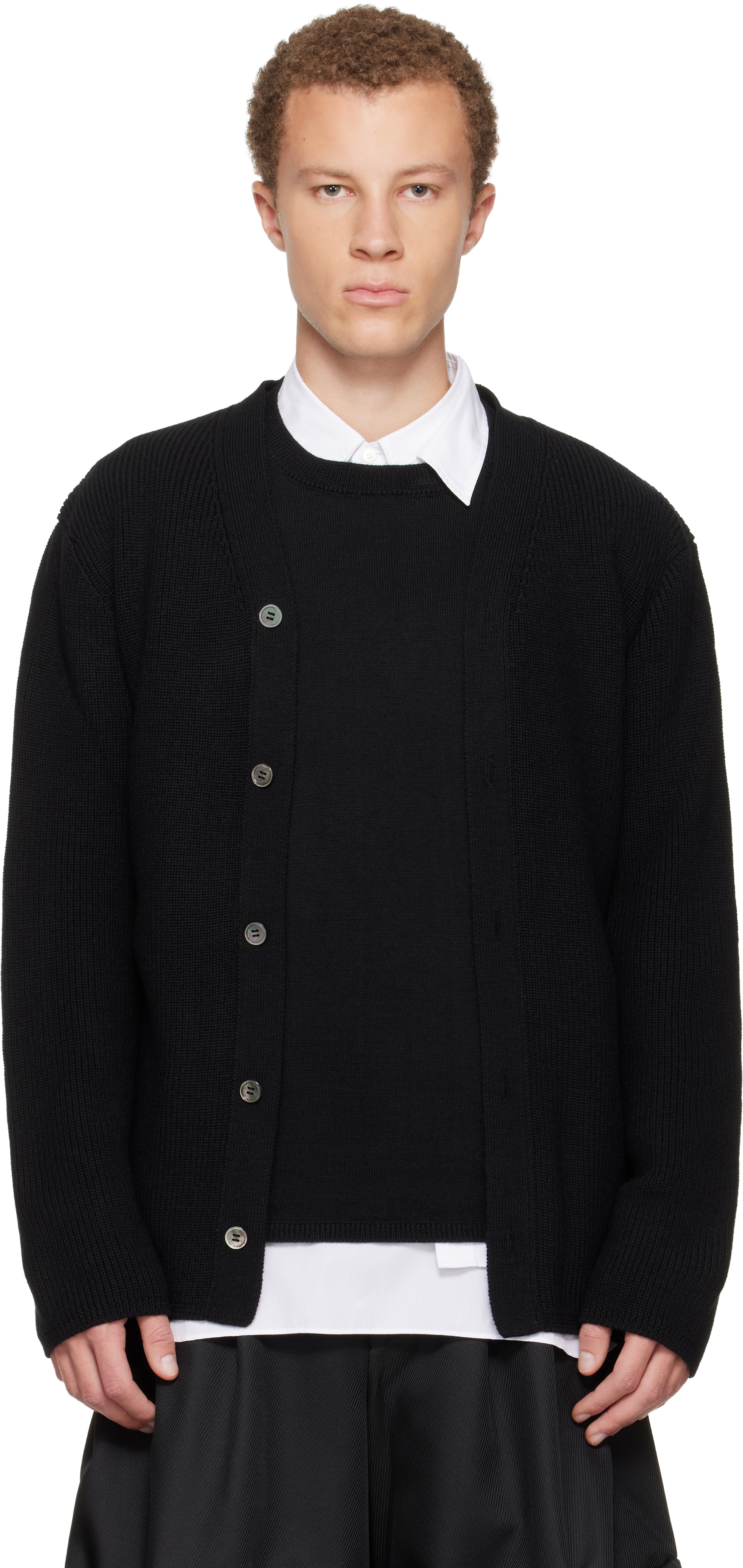Black Worsted Wool Half Cardigan by Comme des Garçons Homme Plus