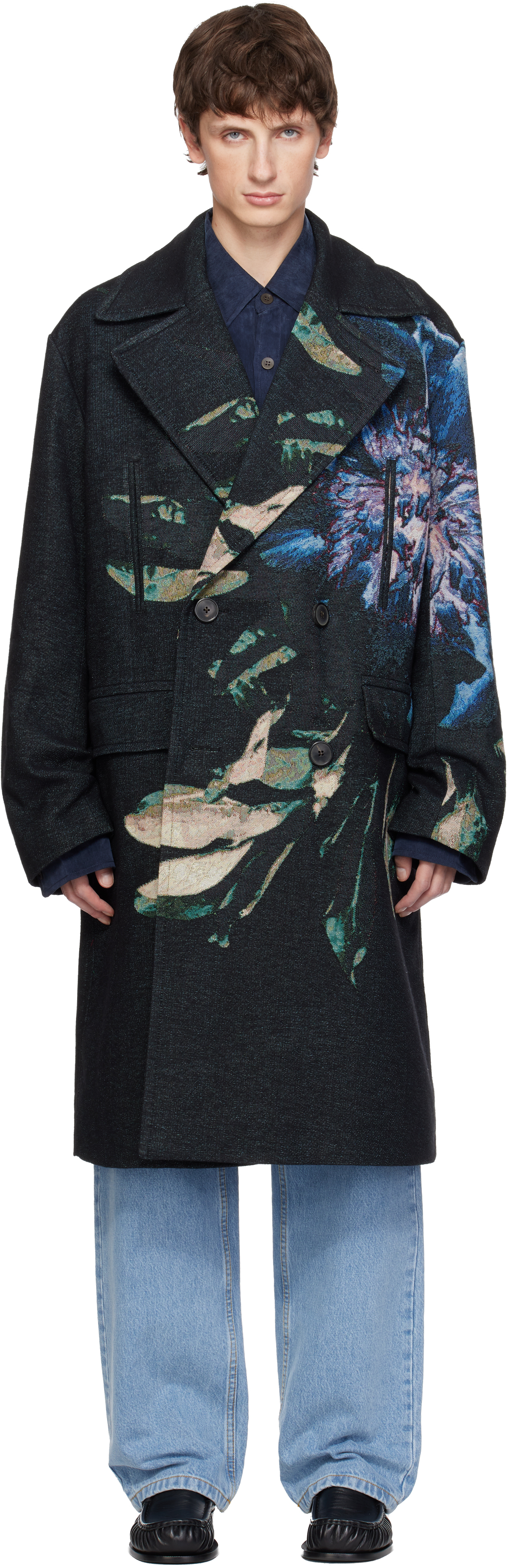 Black Jacquard Caban Coat by Dries Van Noten on Sale