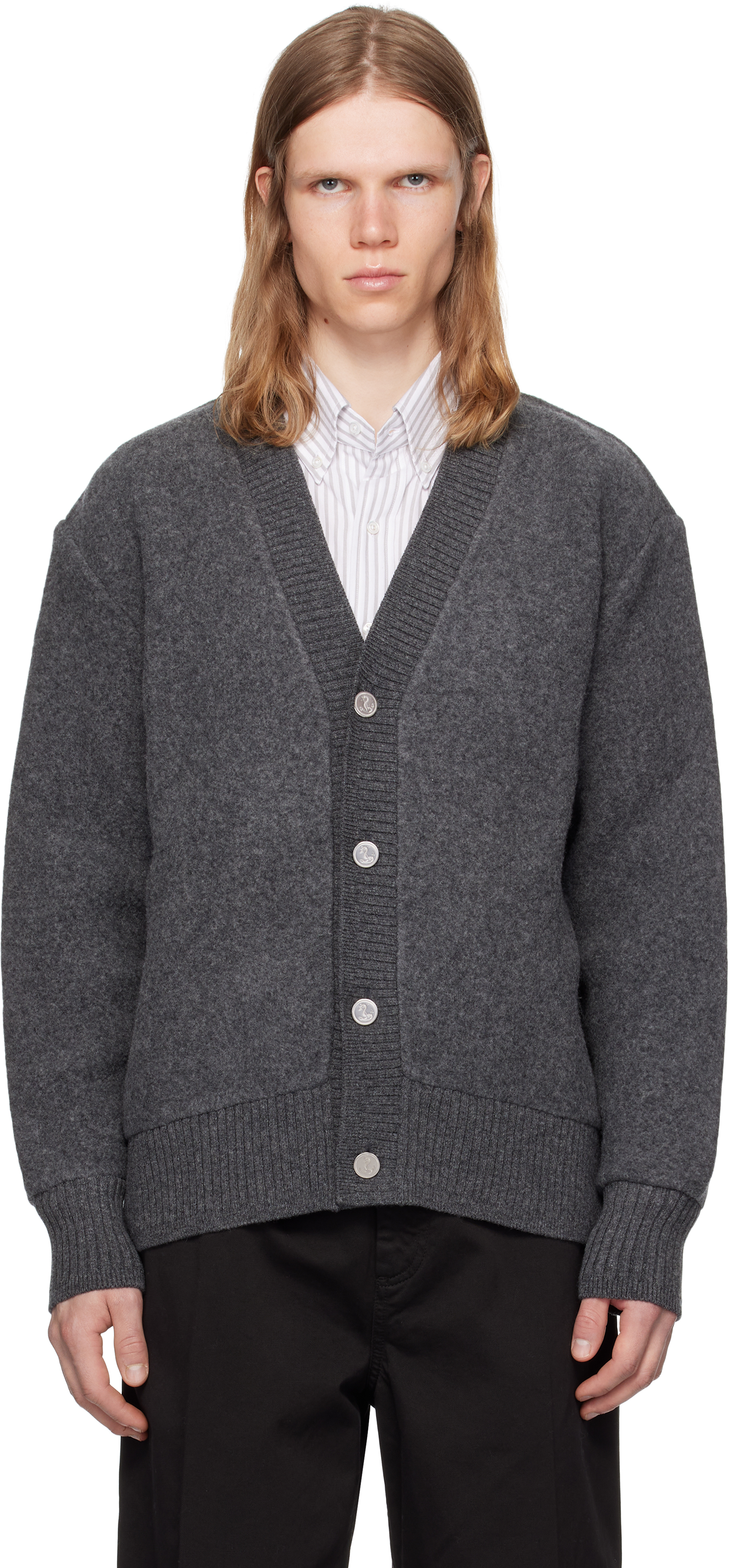 Gray Wool Fleece Oversized V Neck Cardigan by Thom Browne on Sale