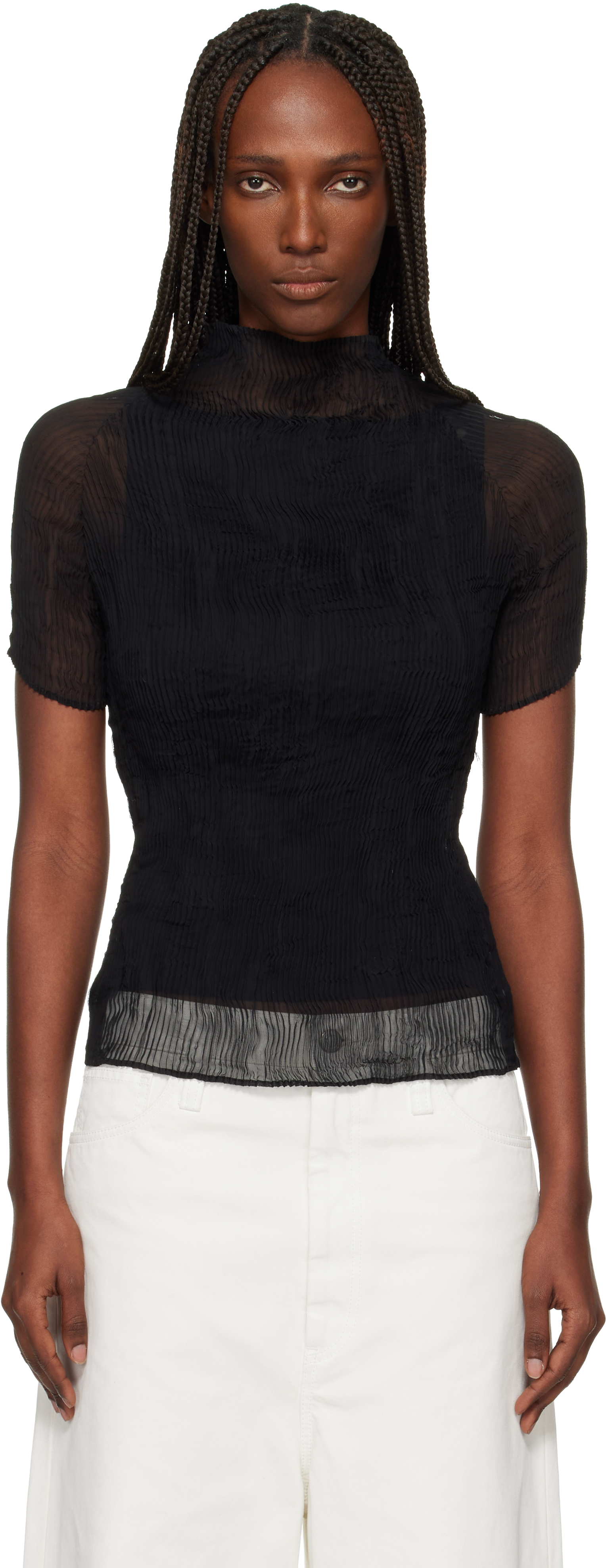 ISSEY MIYAKE: Black Chiffon Twist T-shirt | SSENSE